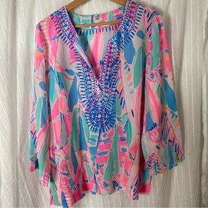 Lilly Pulitzer Top Women’s L Amelia Island Tunic 100% Silk Colorful Resort NWT